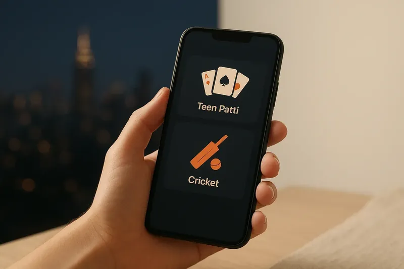 Hand holding smartphone showing dark casino app with Teen Patti and cricket