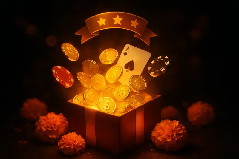 Glowing gift box with golden coins, casino chips, cards, marigolds