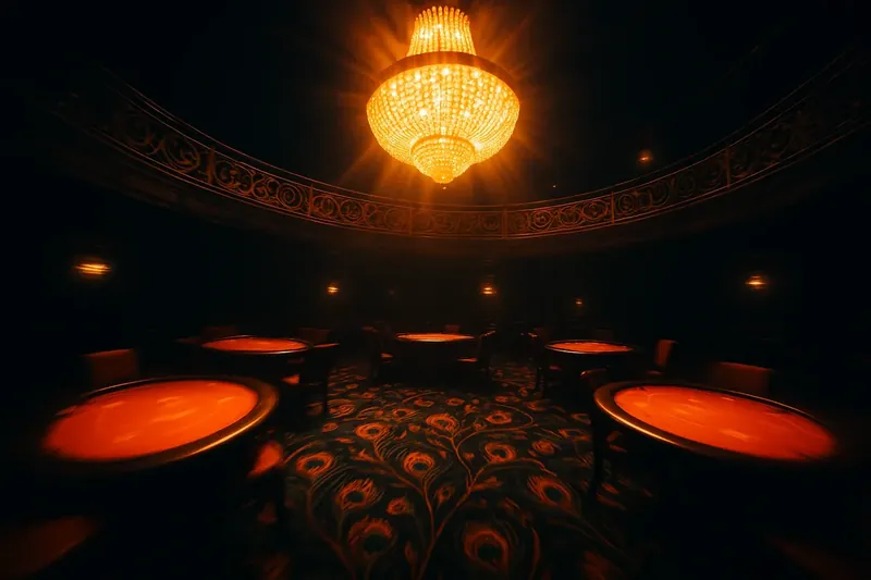 Overhead view of Indian heritage casino floor with saffron tables and peacock carpet