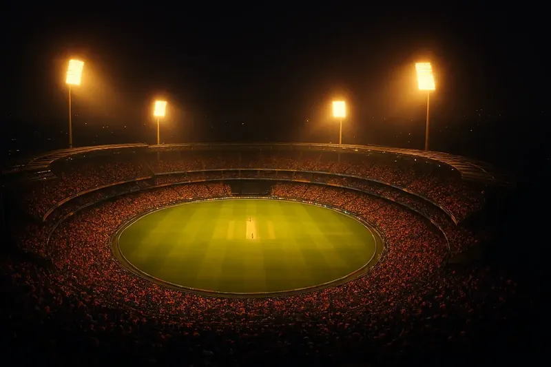 Aerial night view of Wankhede Stadium with glowing pitch and packed crowd