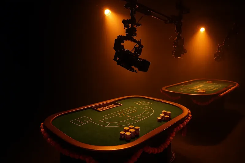 Overhead view of Indian live casino studio with dealer tables and marigold garlands