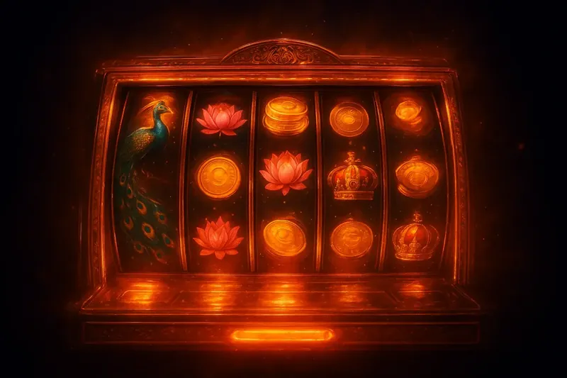 Vibrant online slot machine with peacocks, lotus flowers, coins, and crown