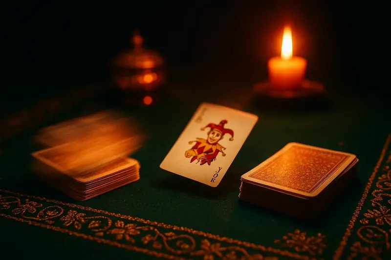Close-up of Andar Bahar cards on green felt with joker